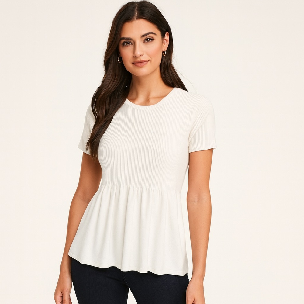 Ann Taylor LOFT Cream Ribbed Knit Babydoll Fit Short Sleeve Sweater Top - Small